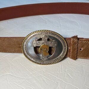 Vintage Ivan Taiwan brown animal hair oversized Western buckle cross design belt